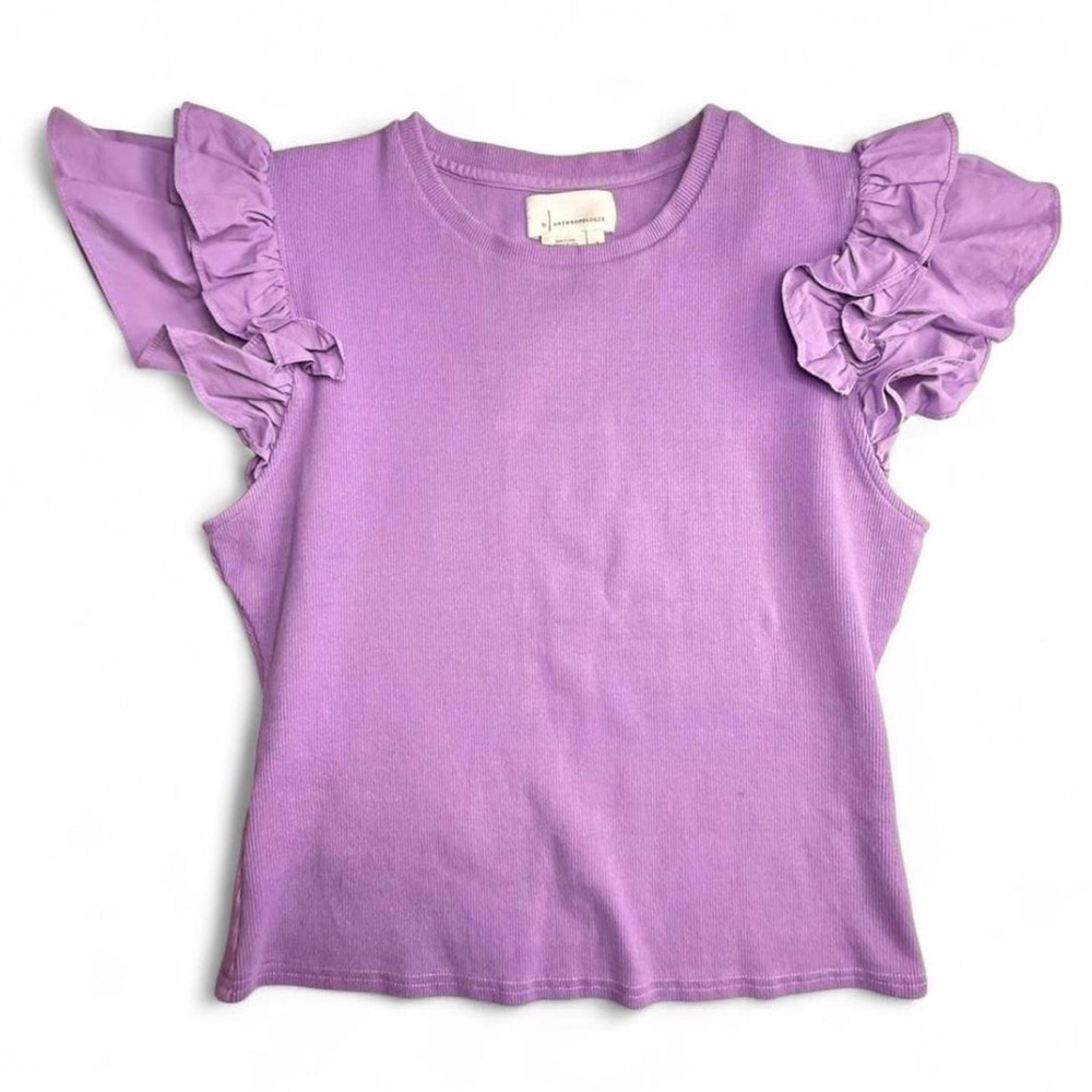 Anthropologie Purple Ribbed with Ruffle Sleeve Top Size Medium